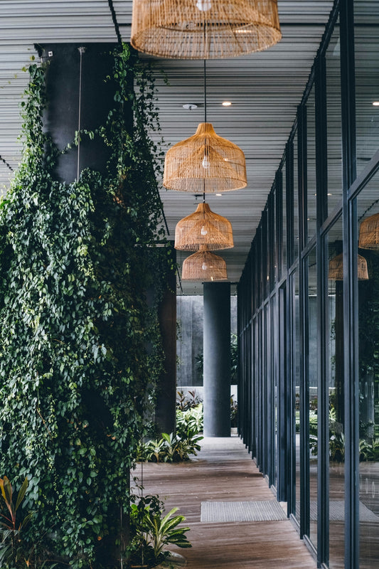 Hallway with lush greenery and pendant lights